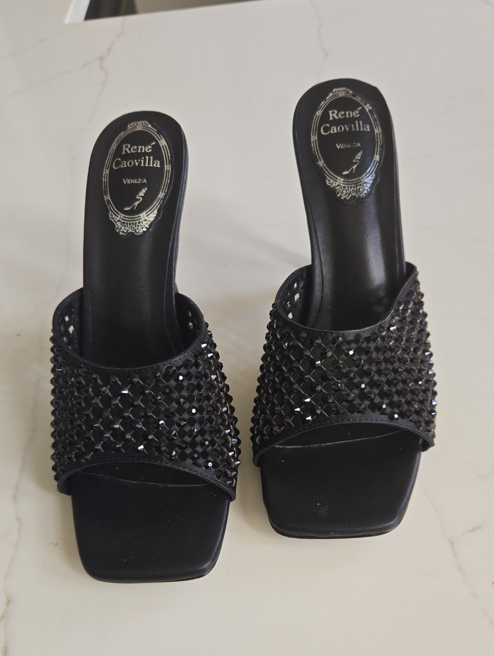 Rene Caovilla Black Crystal-Embellished Slide Mules